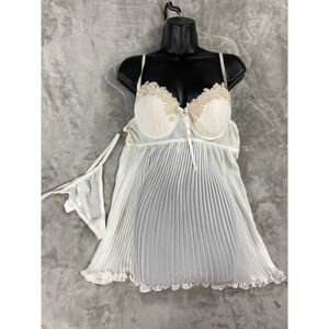 Linea Donatella Nightie Panty Set Womens Large 2pc Bridal White Lace Trim Sexy